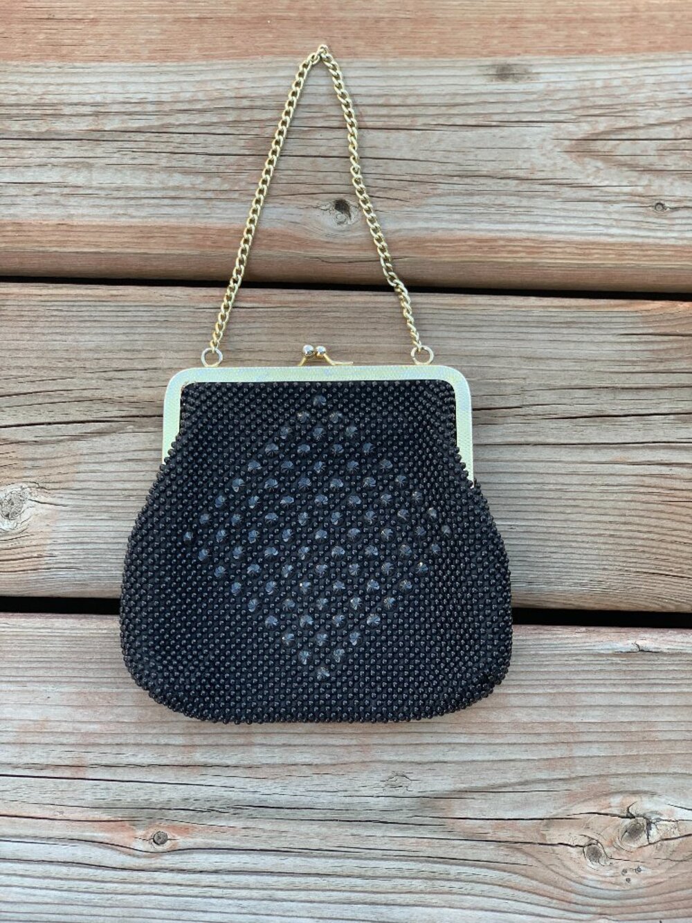 Vintage Beaded Evening Handbag Black Gold Chain Prom Wedding Gala Small Mini Bag